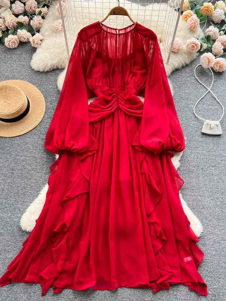 Chic A-Line Chiffon Dress with Puff Sleeves for Women - Aibeautyer