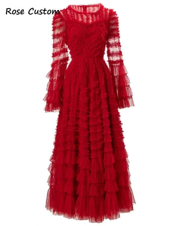 European Luxury Sequin Maxi Dress - Red RoosaRosee O-neck Ruffles Ball Gown - Spring/Summer 2024 - Vestidos Robe Femme