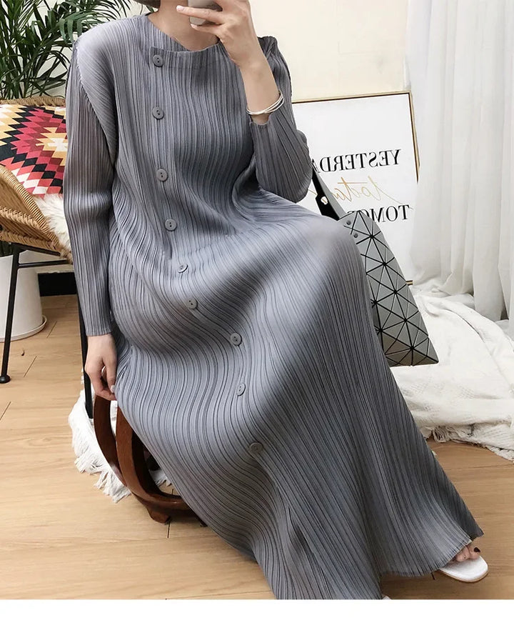 Elegant ALSEY Miyake Pleated Dress - Solid Color, Loose Fit, Long-sleeved - Sizes for Women 2024