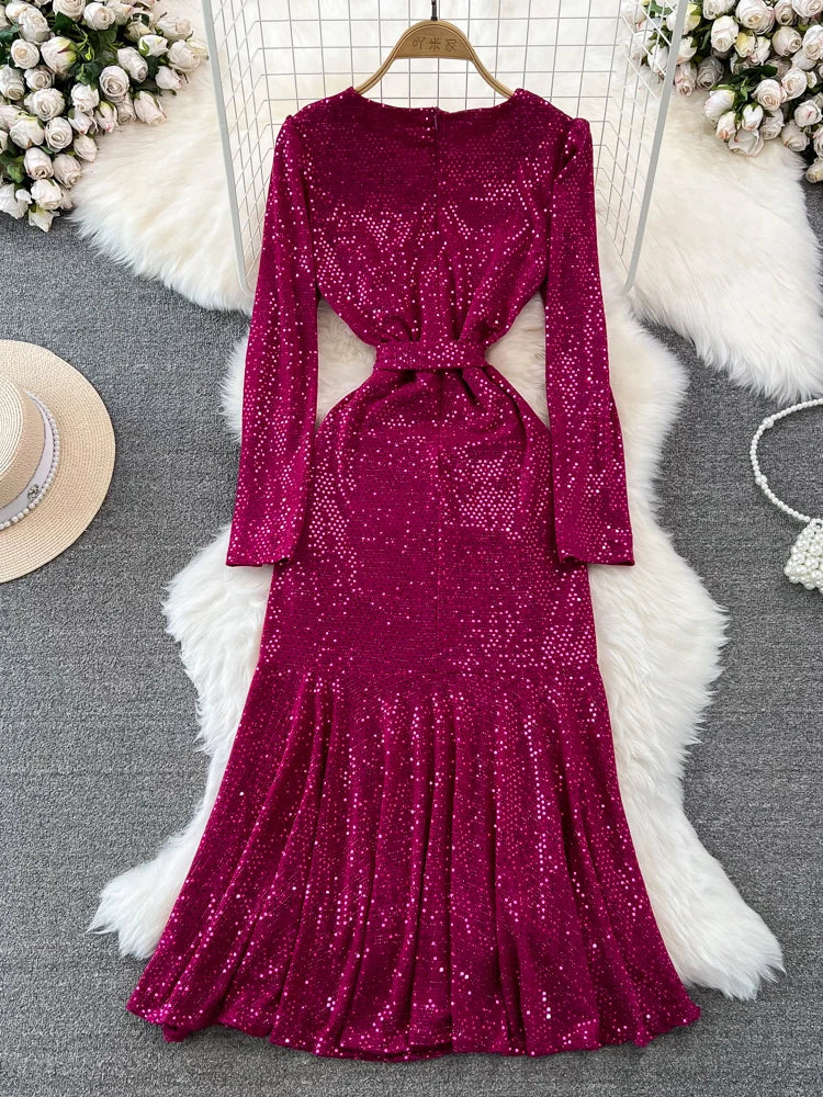 XFPV Elegant V-neck Sequins Dress