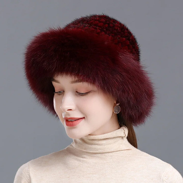 Hot Sell Winter Knitted 100% Natural Mink Fur And Fox Fur Hats Lady Fluffy Genuine Fox Fur Cap Women Luxurious Real Mink Fur Hat