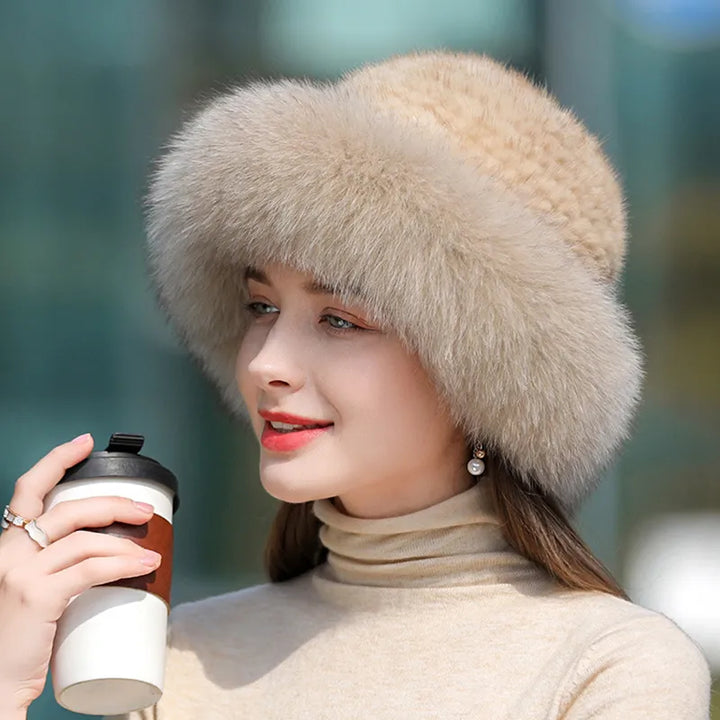 Hot Sell Winter Knitted 100% Natural Mink Fur And Fox Fur Hats Lady Fluffy Genuine Fox Fur Cap Women Luxurious Real Mink Fur Hat