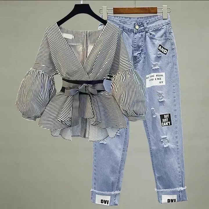 Upgrade Your Style with Our Women's Bow Knot Pants Set - Slim Fit, Chiffon Shirt, Denim Jeans - Perfect for Any Occasion!