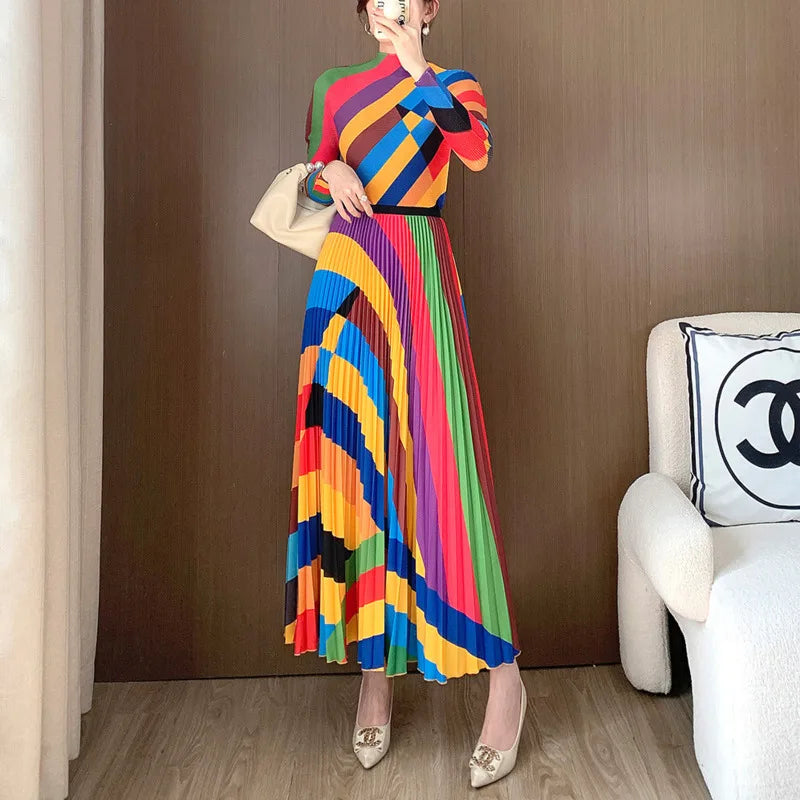 Colorful Patchwork Two-Piece Set: High Collar Top + Ankle-Length Skirt - COZOK