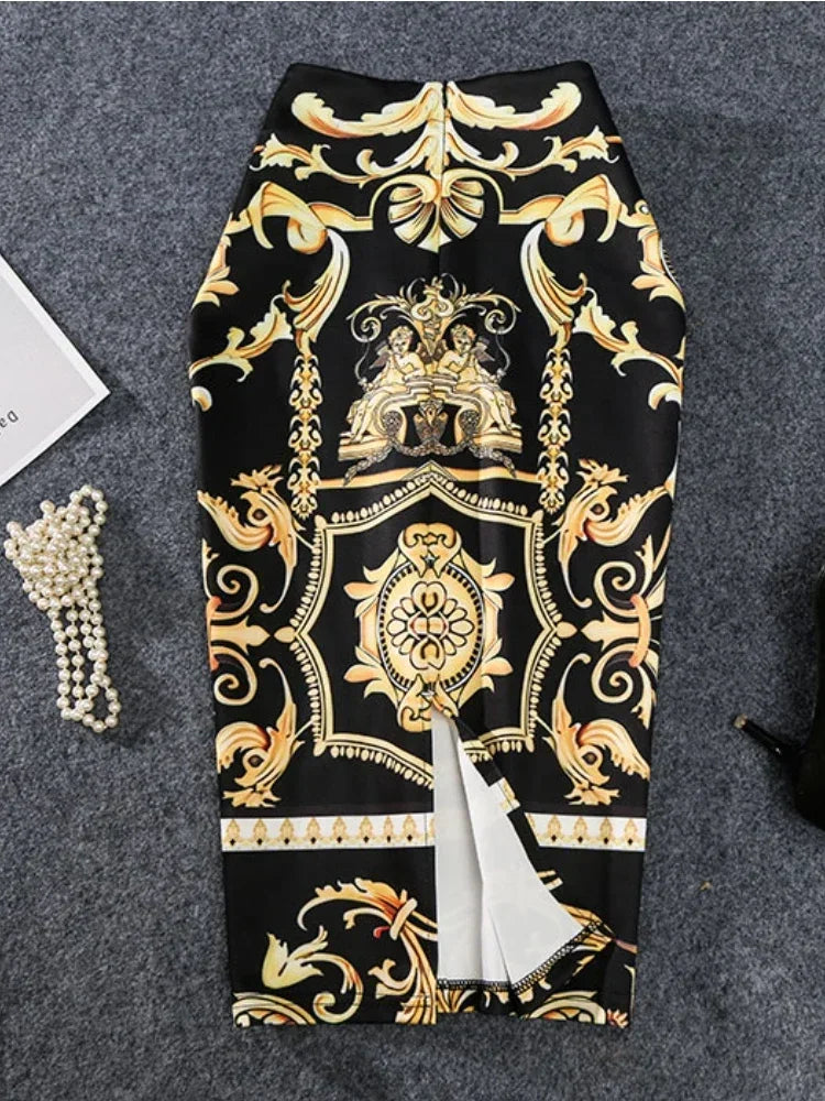 Summer Print Pencil Skirt - High Stretch & Abstract Pattern - Sizes M, L, XL