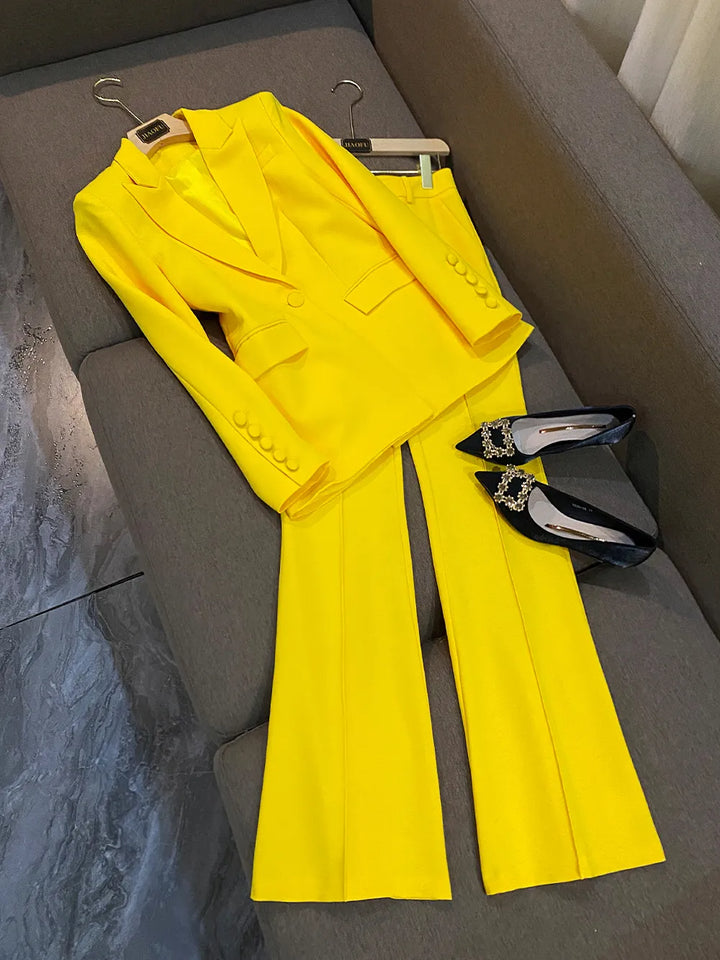 Yellow Office Lady Suit: Double-breasted Blazer & Flared Pants Set