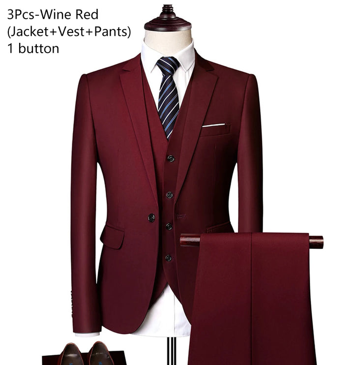 Elegant 3-Piece Men's Wedding Suit Set - Luxury Business Formal Blazers, Vest, and Pants - Free Shipping