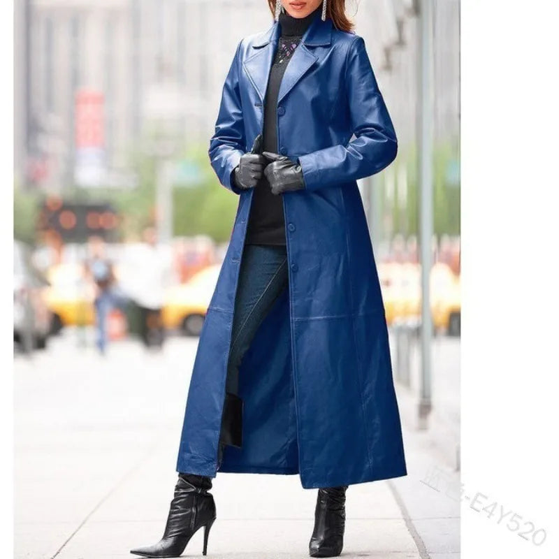 Women's Leather Trench Coat - Slim Fit Outwear with Button Detail
