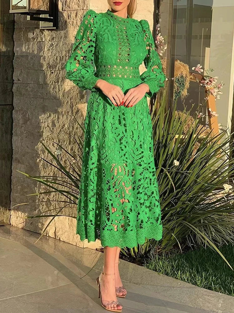 Vintage Lace Panel Dress for Women - High Waist, Stand Collar, Long Sleeve - Spring Fashion