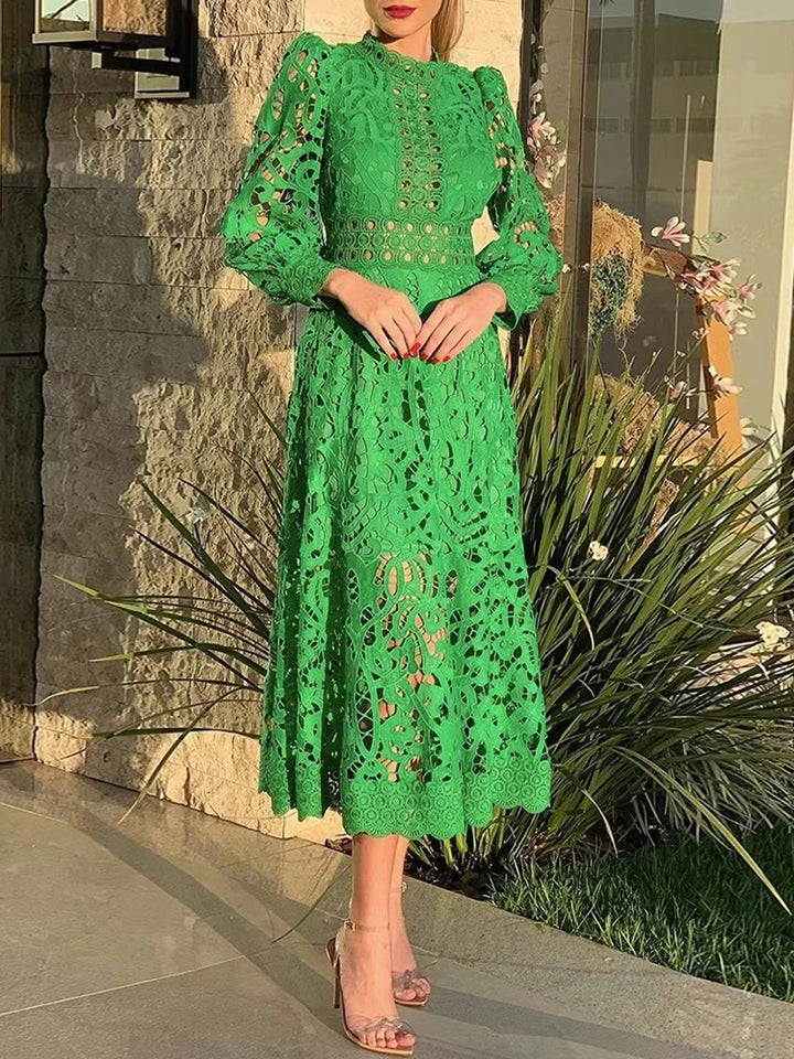 Vintage Lace Panel Dress for Women - High Waist, Stand Collar, Long Sleeve - Spring Fashion