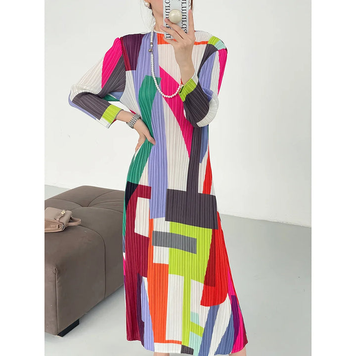 2024 Miyake Pleated Geometric Dress - Feminine Elegance, Slim Fit, French Minimalist Style