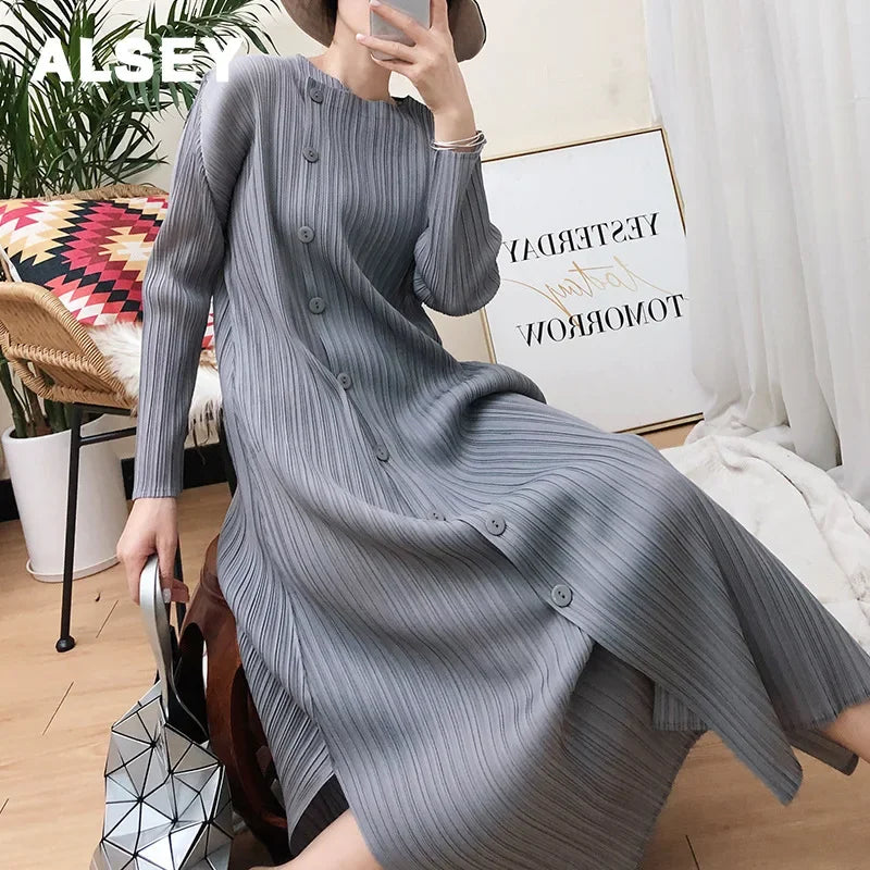 Elegant ALSEY Miyake Pleated Dress - Solid Color, Loose Fit, Long-sleeved - Sizes for Women 2024