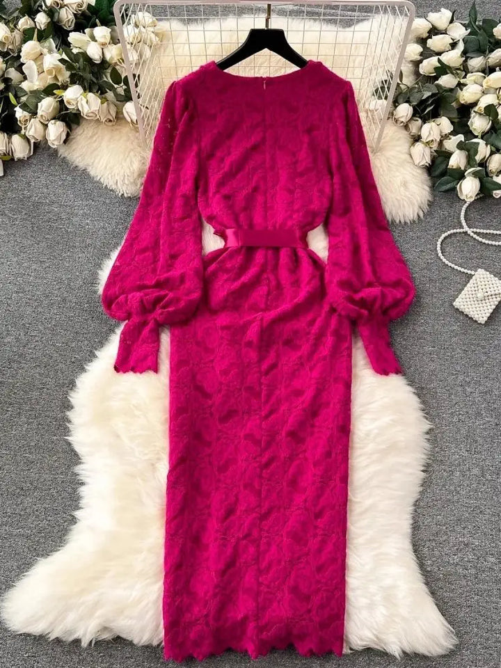 Sexy Split Flocking Lace Dress - V Neck Floral Lace Up Belt