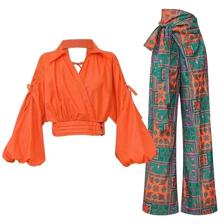 Unleash Your Inner Fashionista with our Women's Vacation Set - Bubble Sleeved Shirt and High Waist Wide Leg Pants!