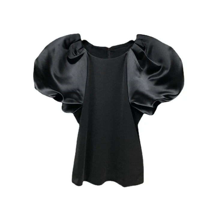 Stylish Black Bubble Sleeve T-shirt for Women - 2023 Summer Fashion - O-neck, Slim Fit, Elastic - [EWQ] Patchwork Design