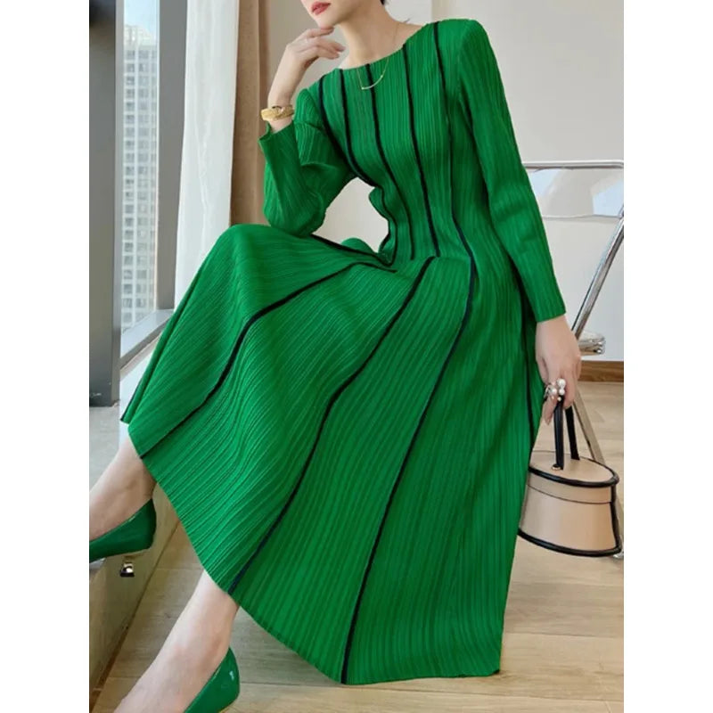 2024 Spring YUDX Miyake Striped Dress - Elegant A Line, Round Collar, Medium Length