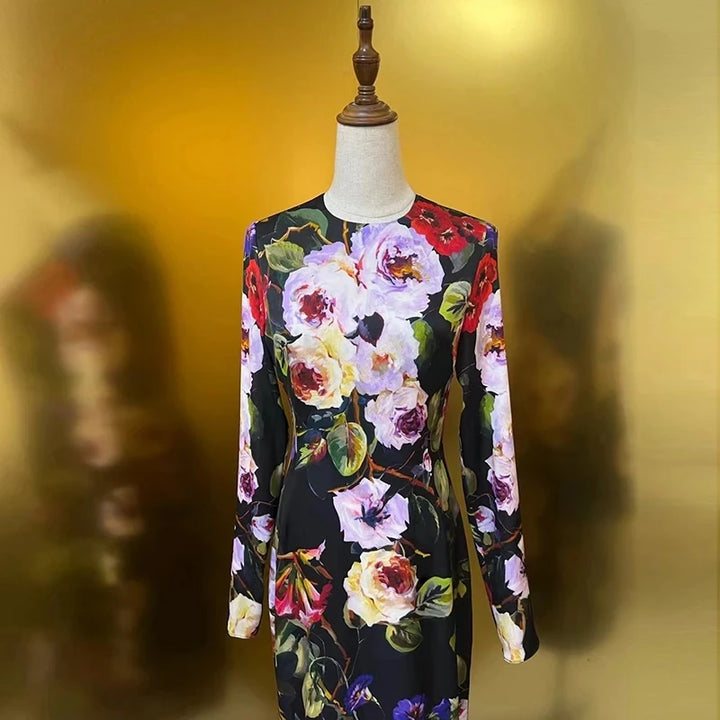 Spring Floral Print Silk Dress - Seasixiang Fashion Designer - Slim Fit - Long Sleeve - Vintage Party Wear