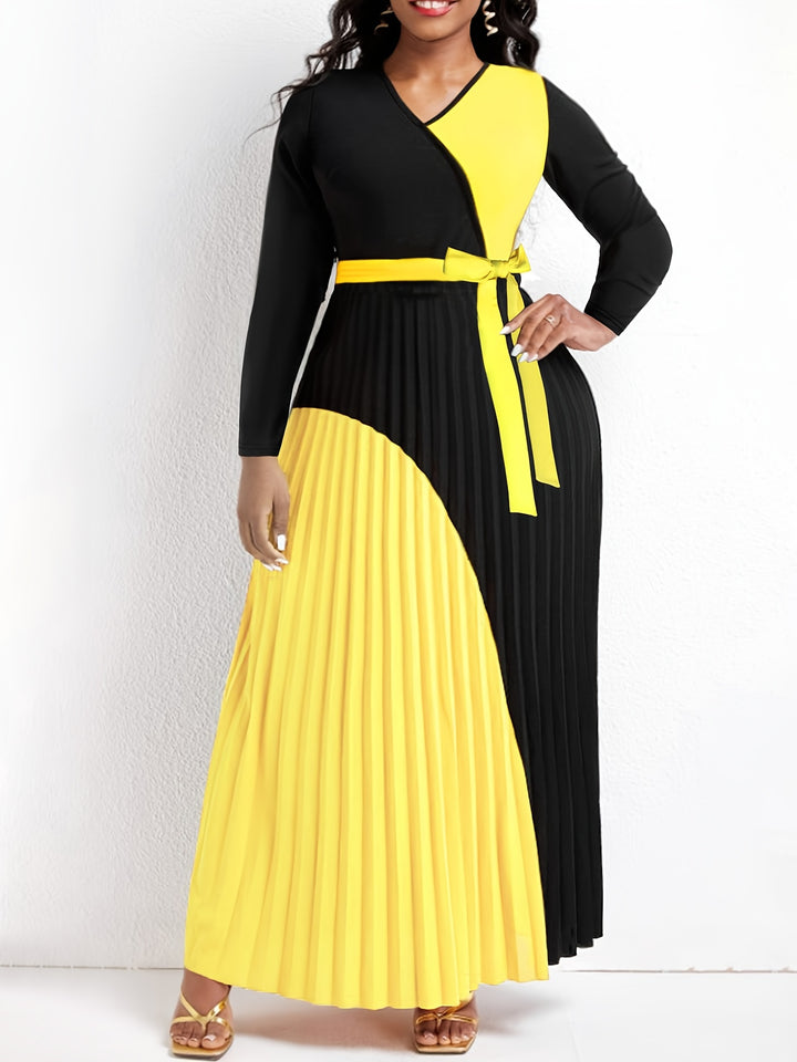 Plus Size Casual Dress, Women's Plus Colorblock Long Sleeve Surplice Neck Pleated Maxi Dress With Belt