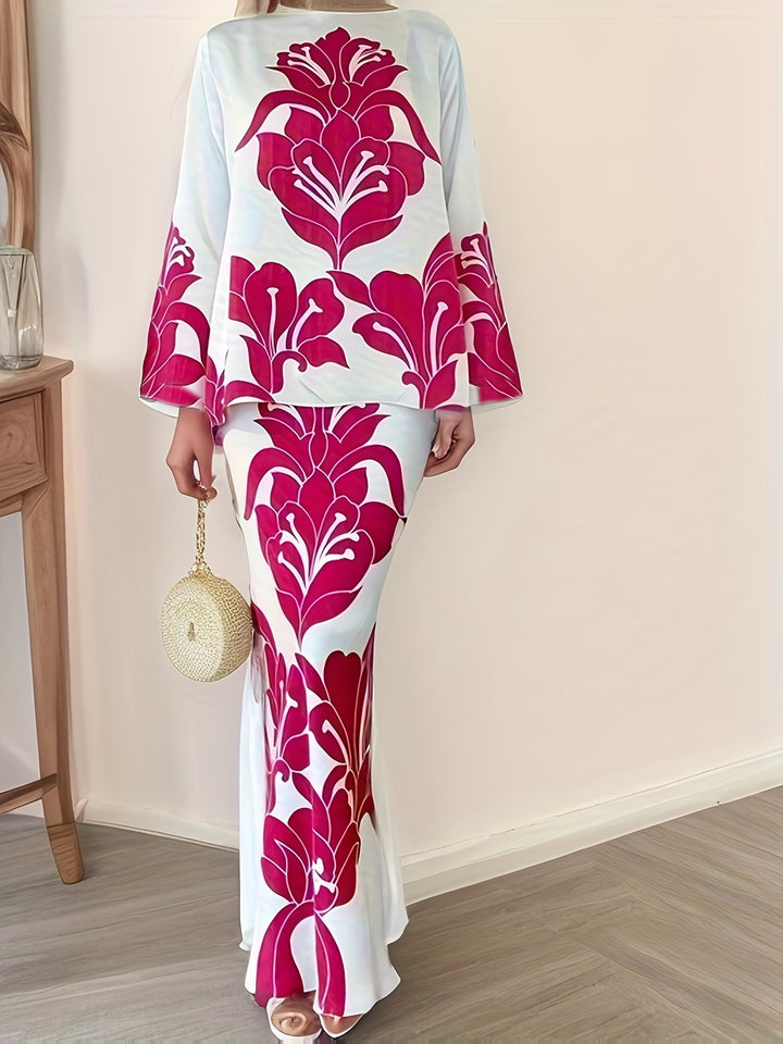 Plus Size Floral Print Two-piece Skirt Set, Crew Neck Long Sleeve Top & High Waist Skirts Outfits, Women's Plus Size Clothing