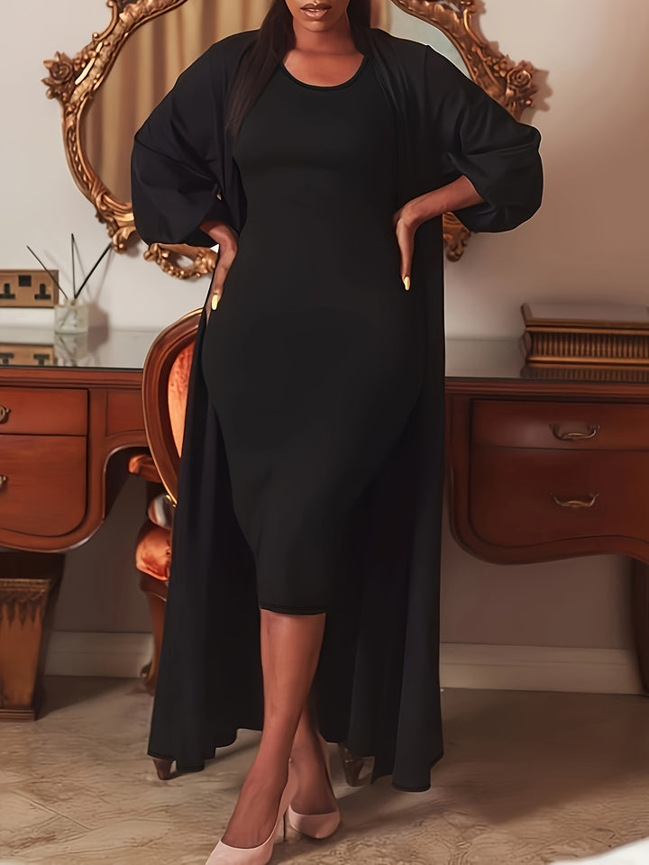 Plus Size Casual Outfits Set, Women's Plus Solid Round Neck Slight Stretch Dress & Lantern Sleeve Open Front Cardigan Outfits Two Piece Set