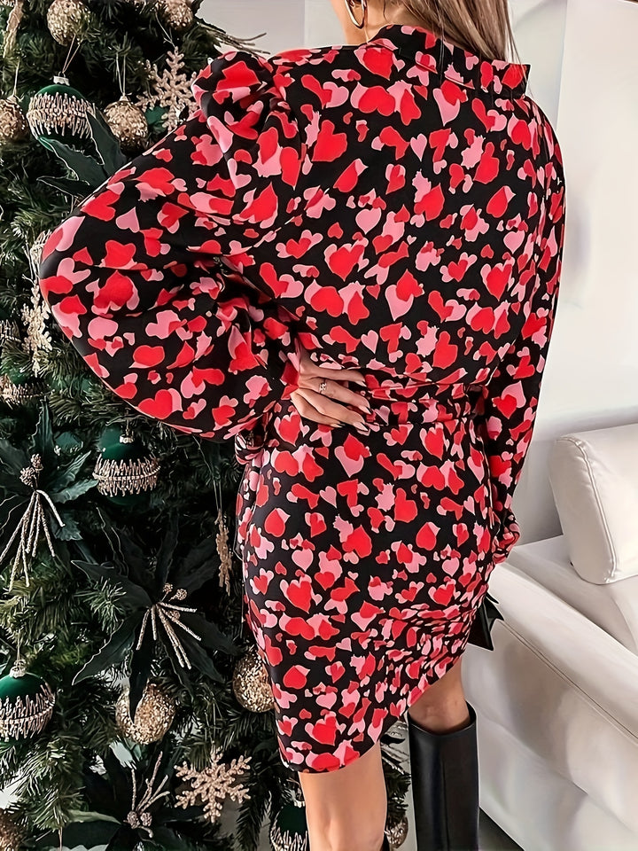 Plus Size Valentine's Day Casual Dress, Women's Plus Heart Print Lantern Sleeve Notched Neck Belted Dress
