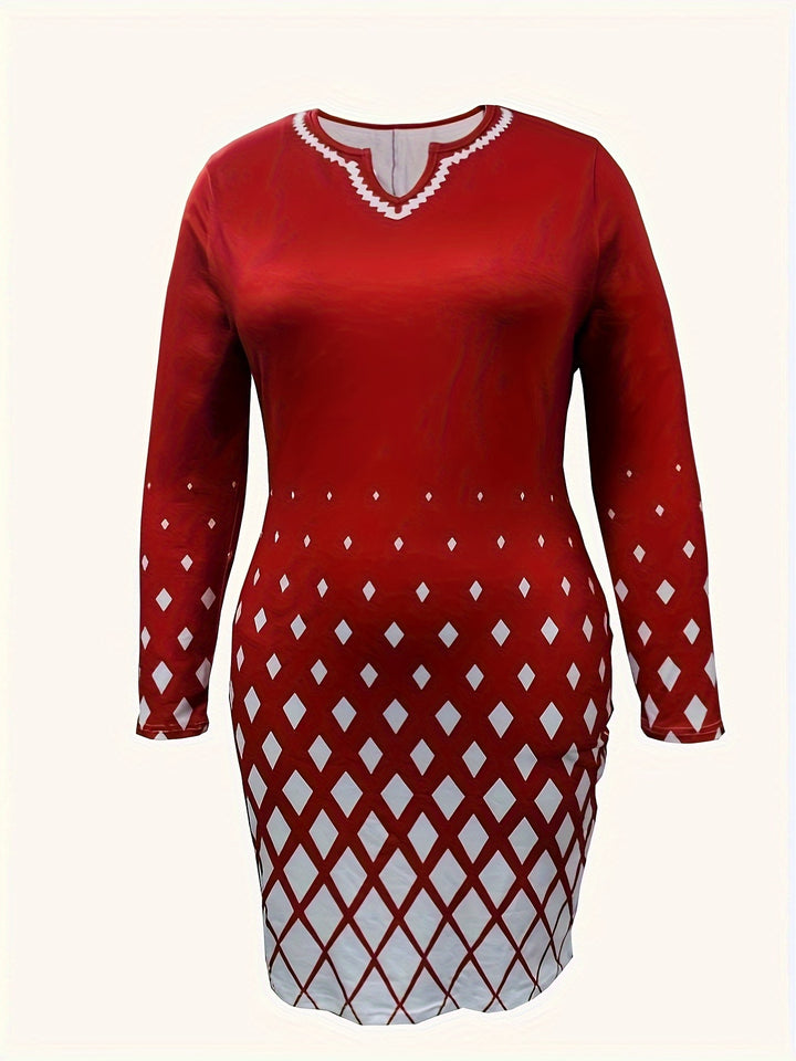 Plus Size Elegant Dress, Women's Plus Geometric Print Long Sleeve Notched Neck Slim Fit Dress
