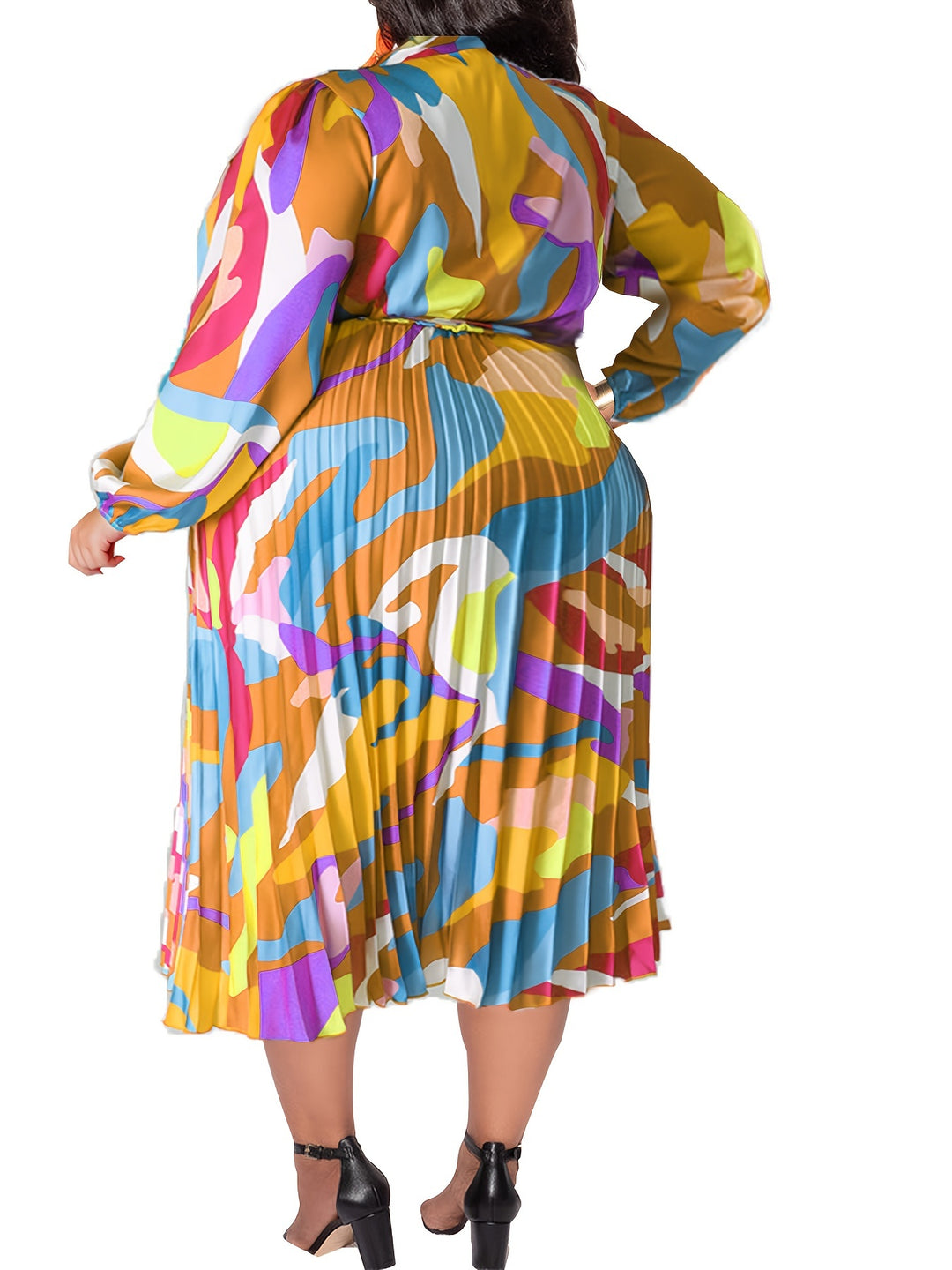 Elegant Plus Size Maxi Dress with Tie Neck, Abstract Print & Lantern Sleeves