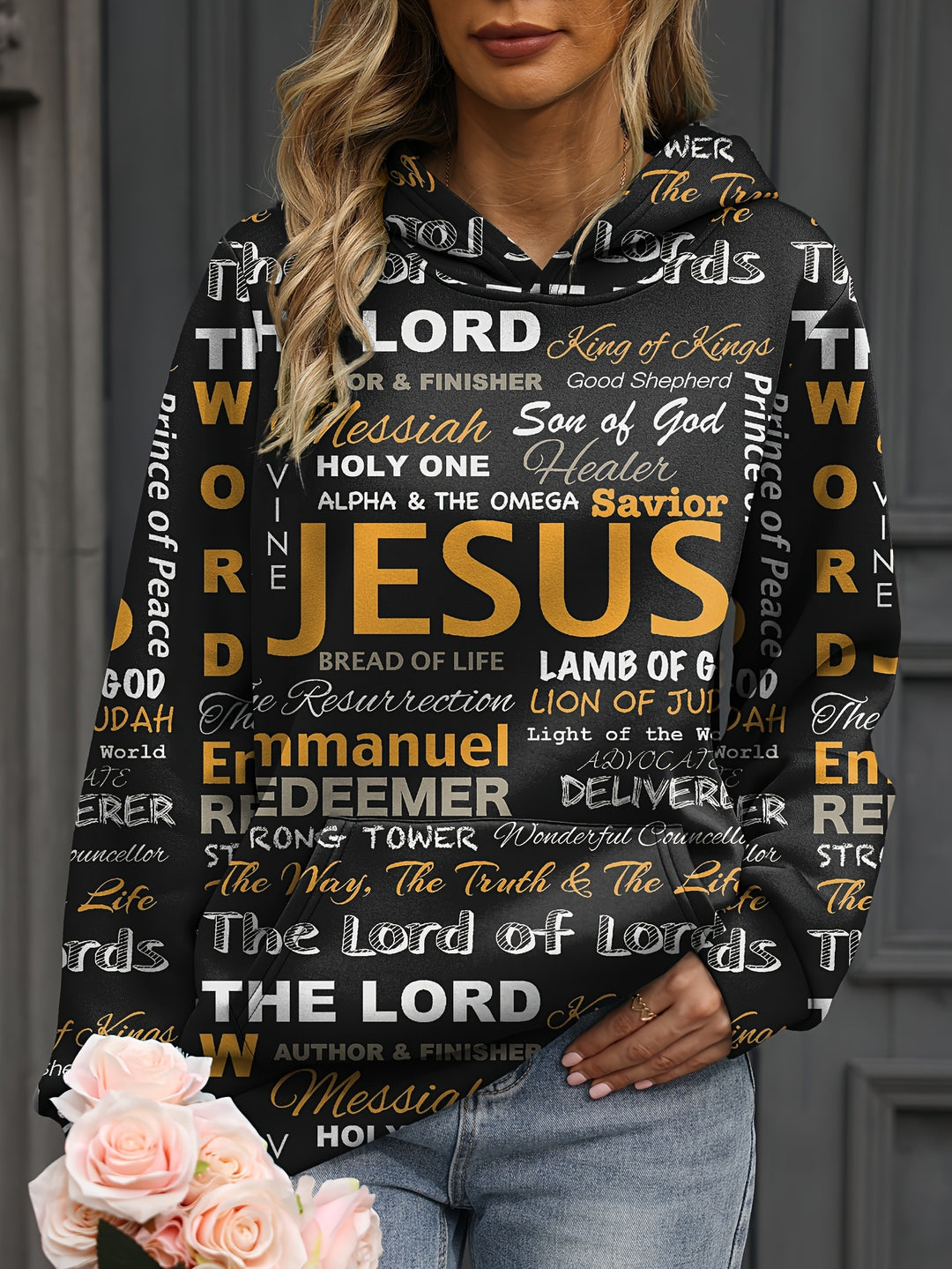 Jesus Letter Print Hoodies, Casual Kangaroo Pocket Long Sleeve Sweatshirt, Women's Clothing