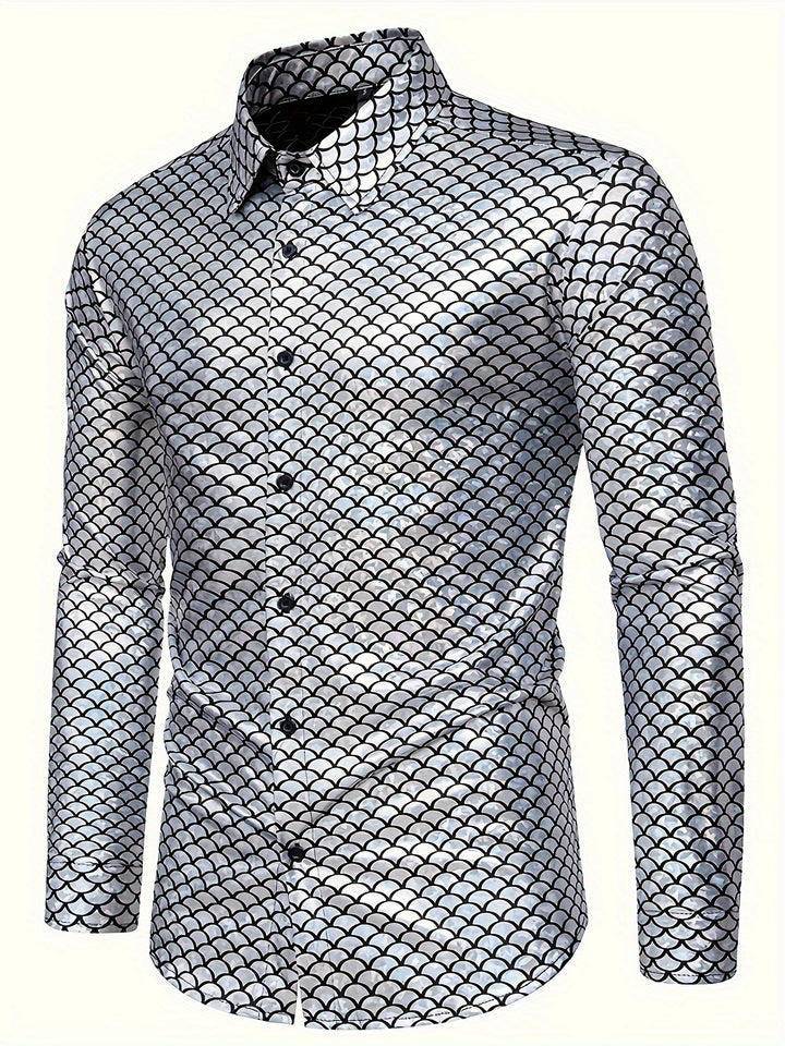 Fish Scales Sequin Men's Trendy Long Sleeve Button Up Shirt, Spring Fall, Party Dress