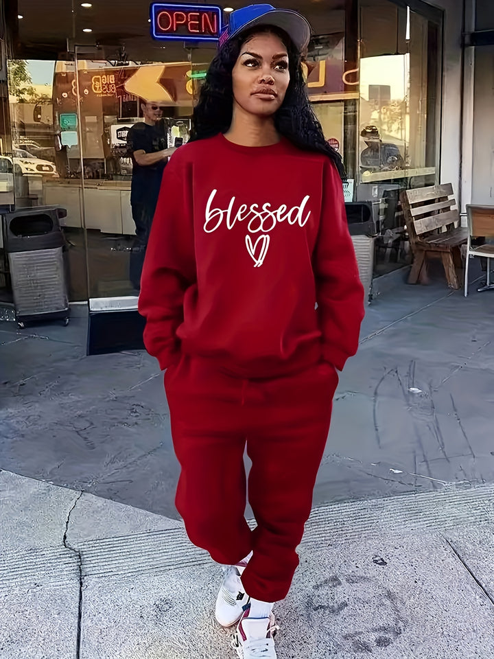 Plus Size Casual Outfits Set, Women's Plus Letter & Heart Print Long Sleeve Round Neck Sweatshirt & Joggers Outfits 2 Piece Set