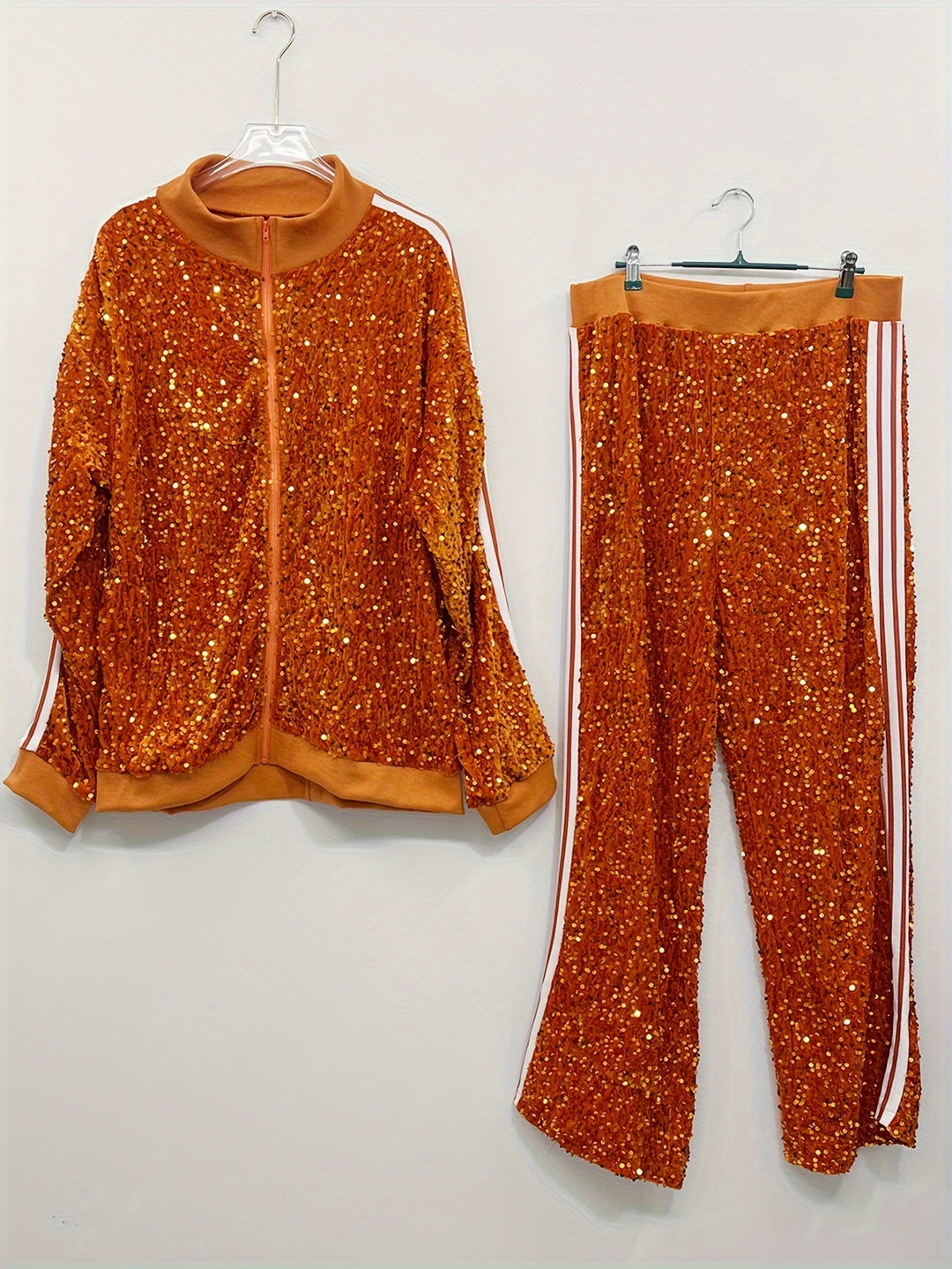 Plus Size Sequin Two-piece Set, Zip Front Long Sleeve Top & Pants Outfits, Women's Plus Size Clothing