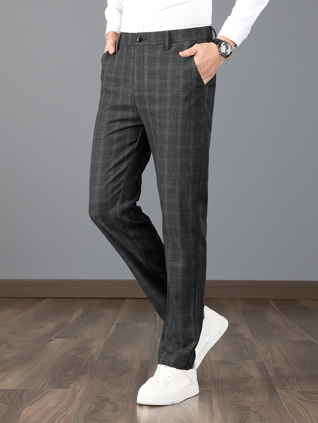 Elegant Plaid Slacks, Men's Casual Vintage Style Slightly Stretch Dress Pants