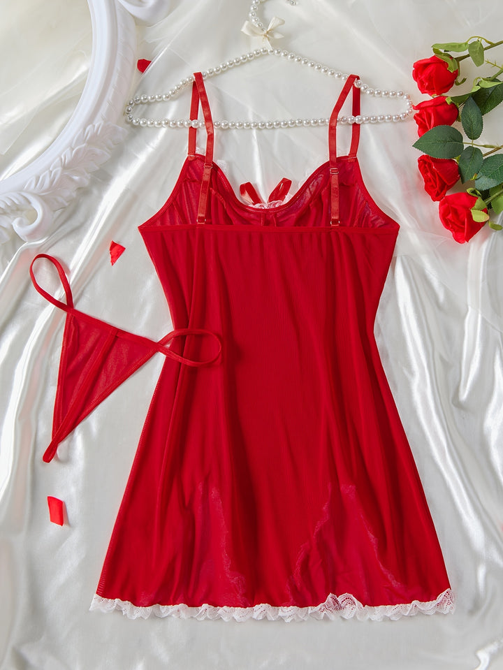 Plus Size Valentine's Day Sexy Lingerie Dress Set, Women's Plus Contrast Lace Lettuce Trim Bow Front Asymmetrical Hem Babydoll Dress & Panty Lingerie 2 Piece Set