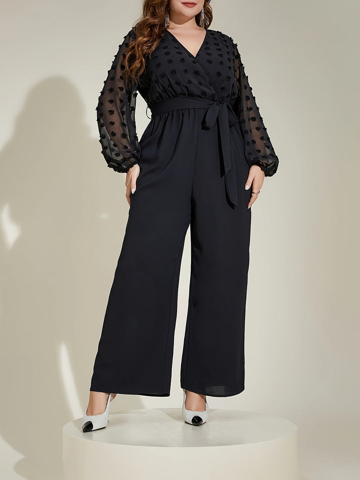 Women's Casual Jumpsuit, Plus Size Solid Contrast Mesh Swiss Dot Long Sleeve Surplice Neck Wide Leg Jumpsuit With Belt