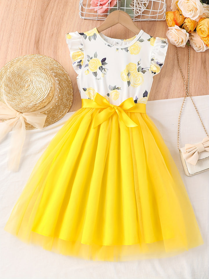 Girls Casual Dress Floral Tulle Stitching Princess Dress For Party Beach Vacation Kids Summer Clothes