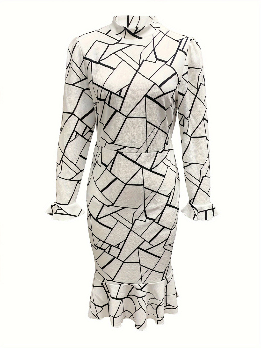 Women's Elegant Dress, Plus Size Geometric Print Bell Sleeve Mock Neck Mermaid Dress