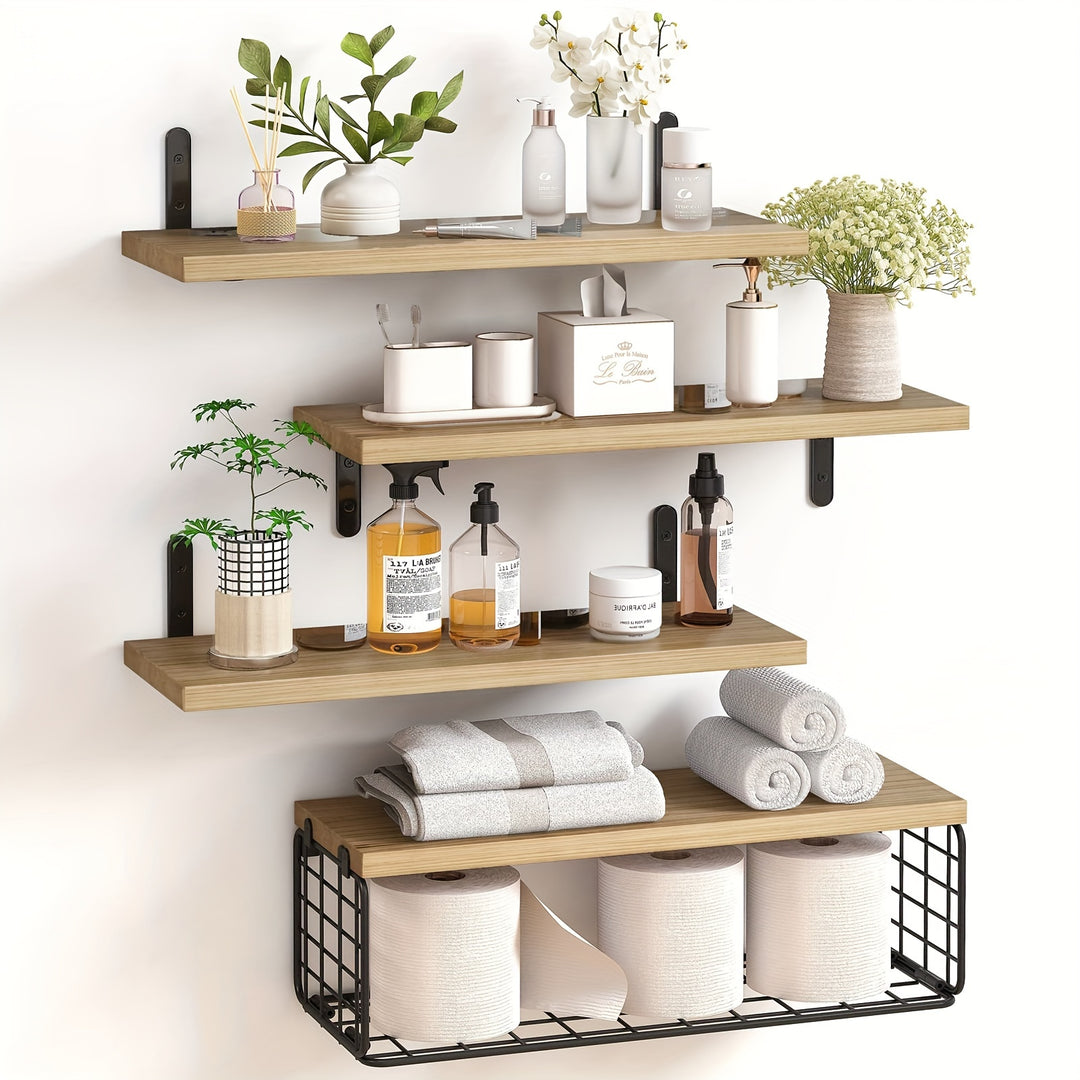 4 + 1 Layer Bathroom Shelf, Floating Shelf With Simple Wooden Wall-mounted Shelf, Toilet With Metal Wire Storage Basket Above, Kitchen, Living Room And Plant Farmhouse Wall Decoration