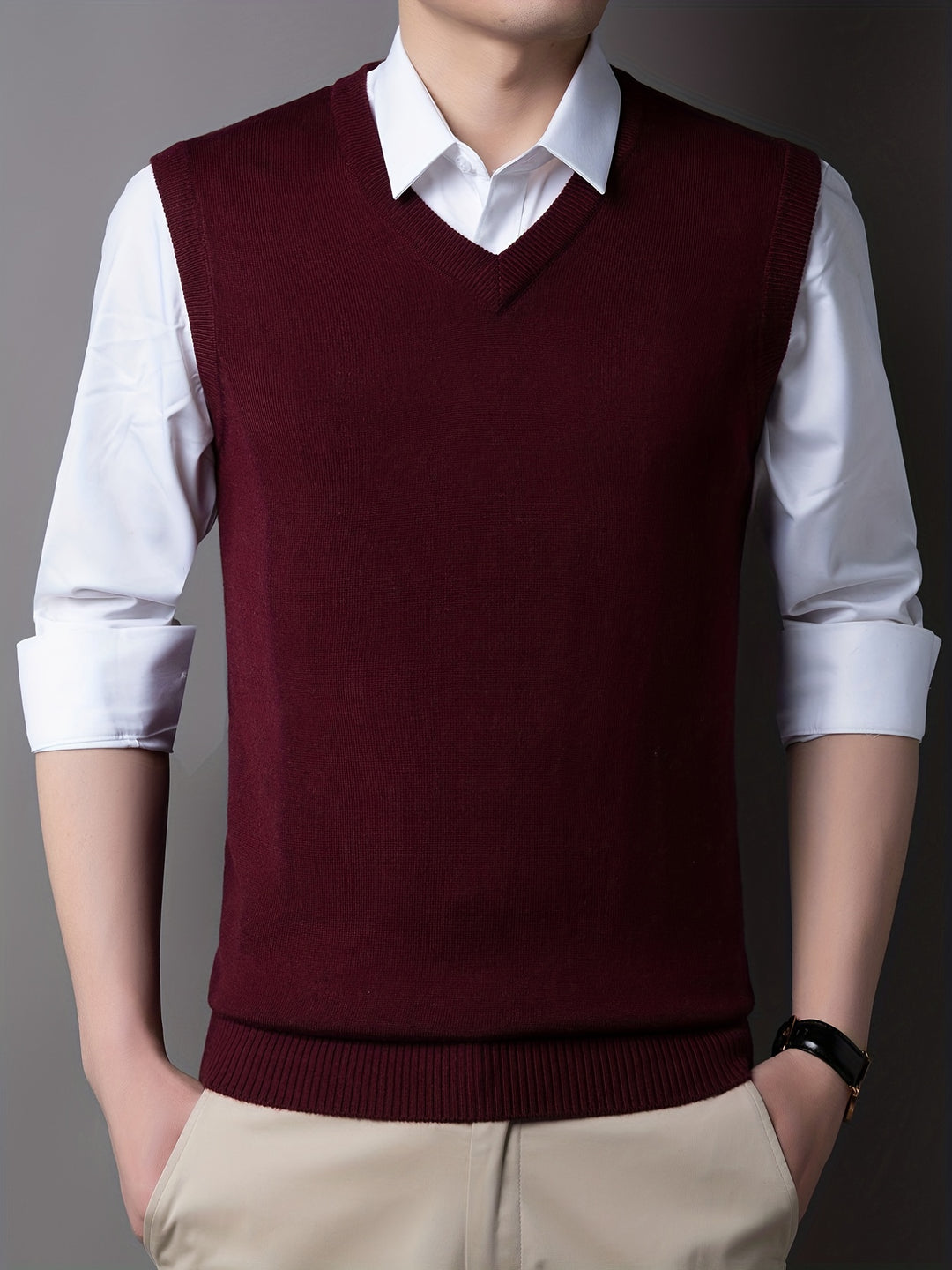 Casual Knitted Pullover, V-neck Sleeveless Thermal Jacket, Wool Vest, Men's Tank Top  For Autumn And Winter