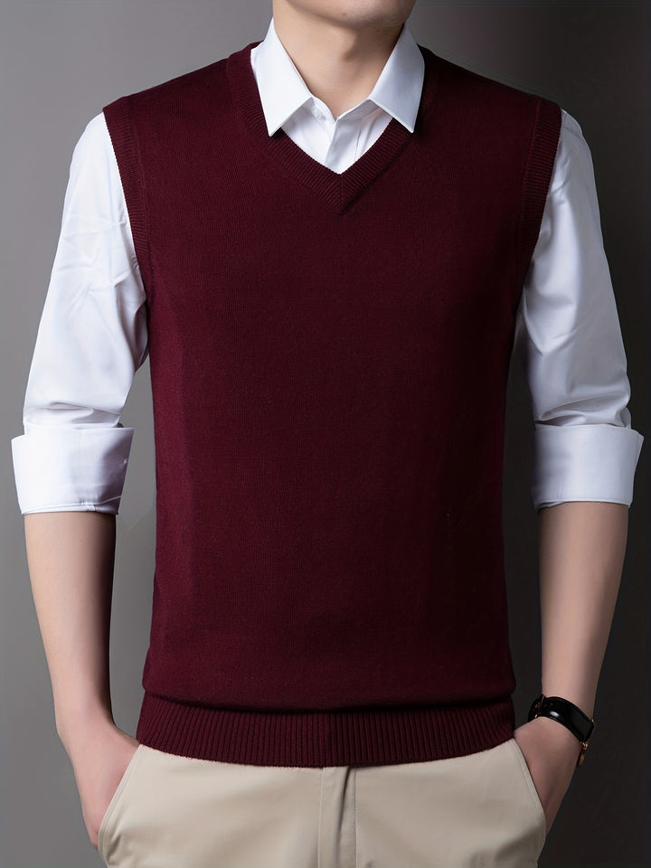 Casual Knitted Pullover, V-neck Sleeveless Thermal Jacket, Wool Vest, Men's Tank Top  For Autumn And Winter