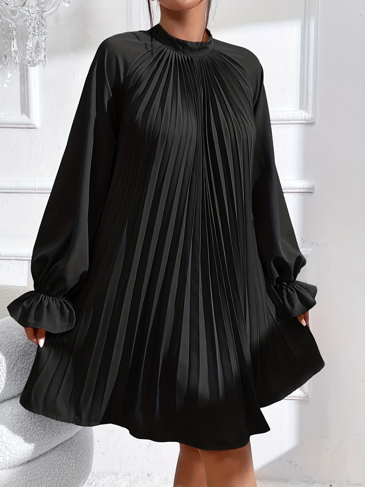Elegant Solid Color Pleated Dress for Women, Casual and Comfortable Long Sleeve Dress
