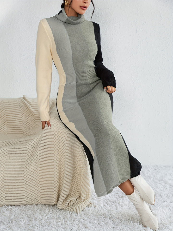 Color Block Rib Knit Dress, Casual High Neck Long Sleeve Midi Dress, Women's Clothing