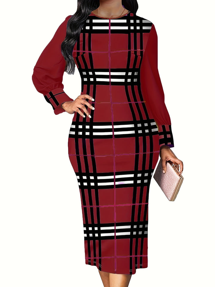 Stylish Plus Size Plaid Dress for Women, Long Sleeve Medium Stretch Slim Fit Dress