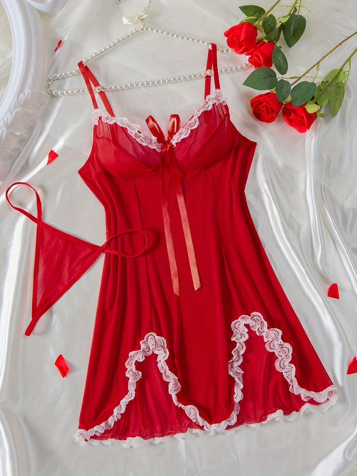 Plus Size Valentine's Day Sexy Lingerie Dress Set, Women's Plus Contrast Lace Lettuce Trim Bow Front Asymmetrical Hem Babydoll Dress & Panty Lingerie 2 Piece Set