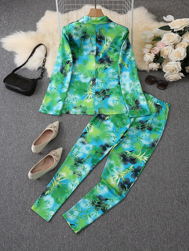 Allover Print Two-piece Set, Button Front Lapel Blazer & Pants Outfits, Women's Clothing