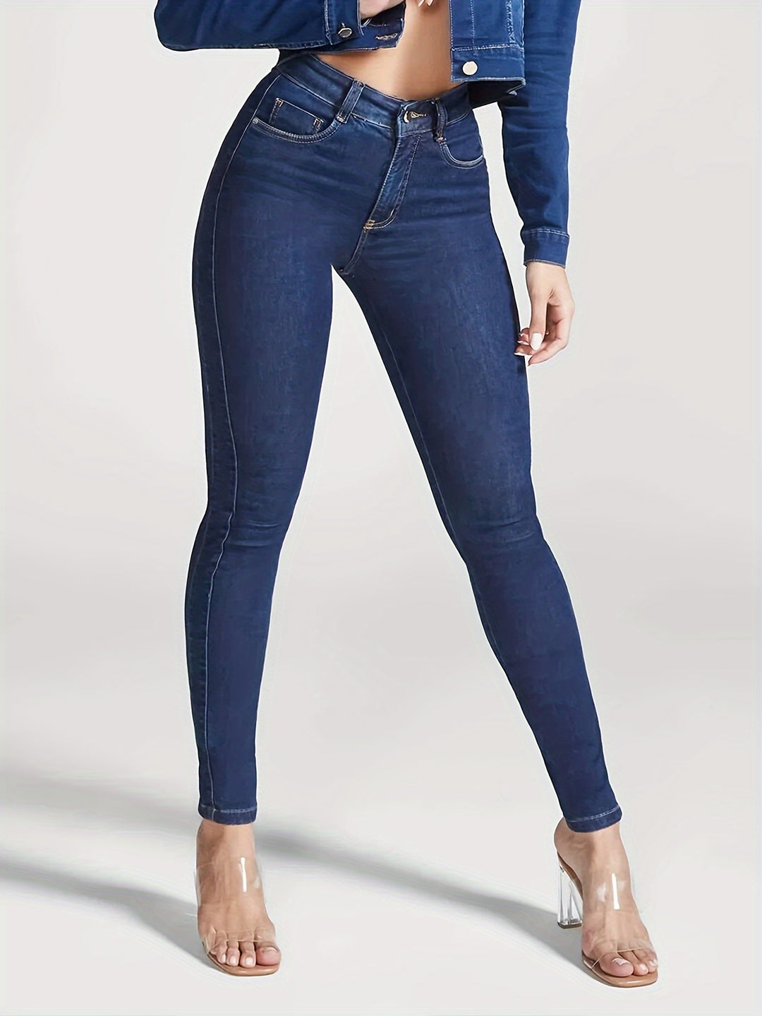 Women's High Waist Stretchy Skinny Leg Jeans, Solid Butt Lifting Denim Pants, Classic Side Patchwork Jeans