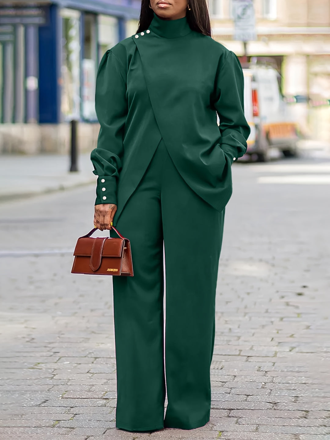 Plus Size Casual Outfits Set, Women's Plus Solid Button Detail Long Sleeve Turtleneck Wrap Hem Top & Pants Outfits 2 Piece Set