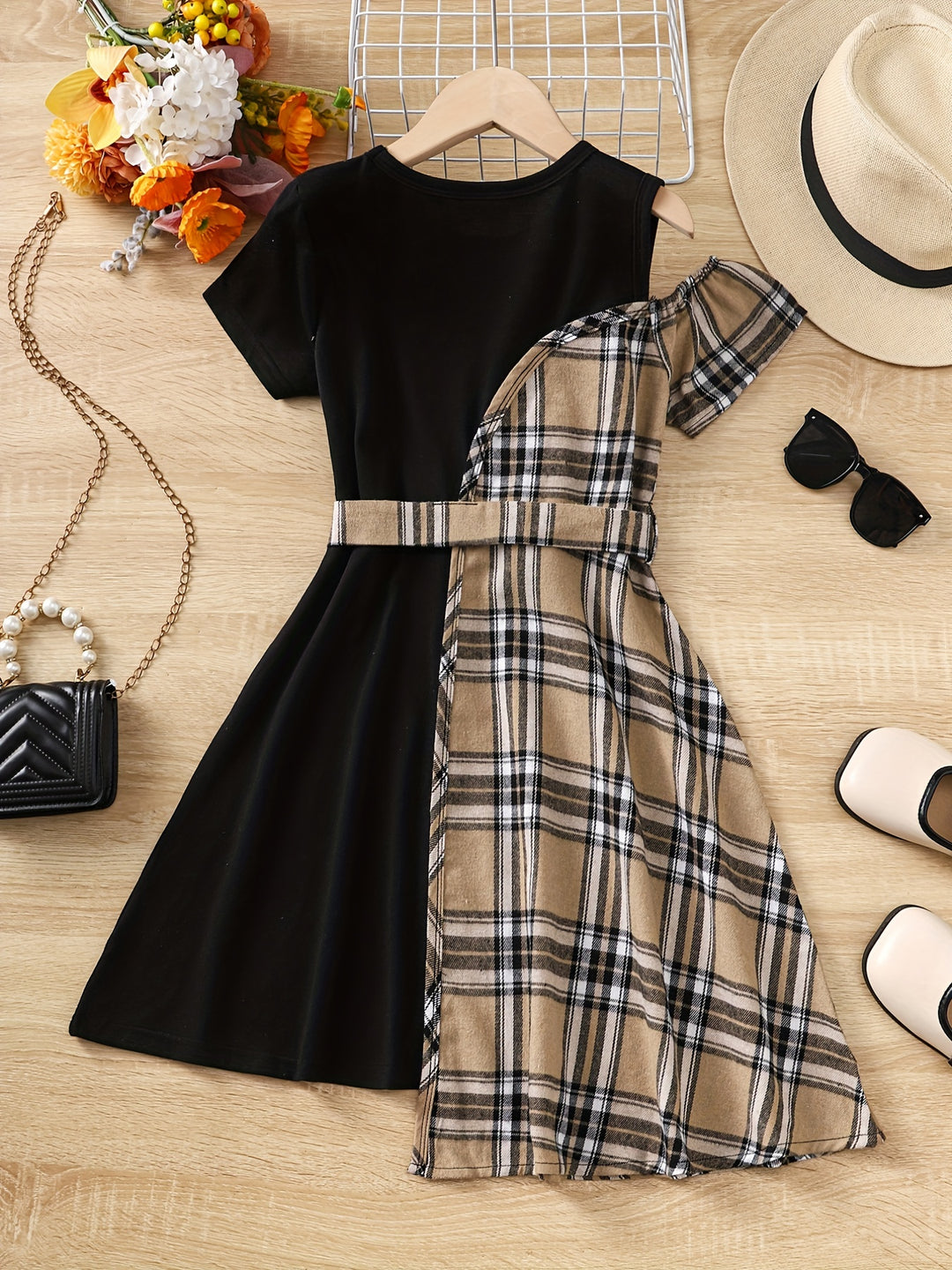 Girls' Asymmetric Plaid Stitching Short Sleeve Casual Dress For Party Holiday Outfit (Dress Length Measured Excluded The Asymmetrical Part)