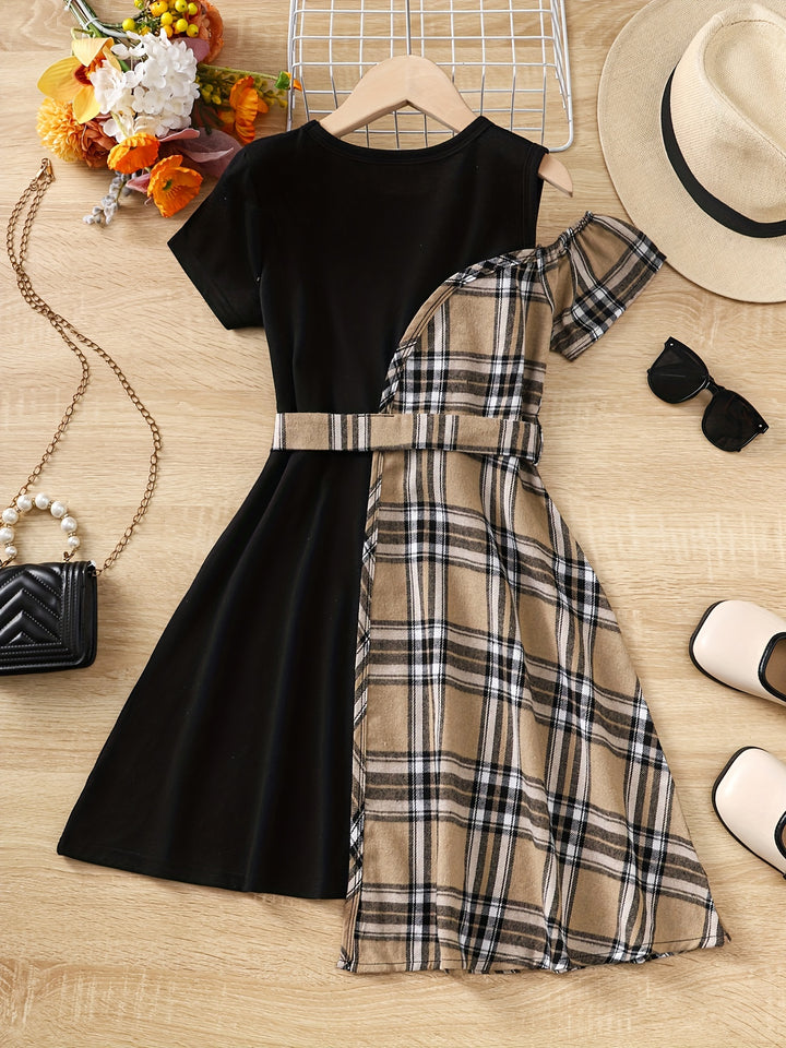 Girls' Asymmetric Plaid Stitching Short Sleeve Casual Dress For Party Holiday Outfit (Dress Length Measured Excluded The Asymmetrical Part)