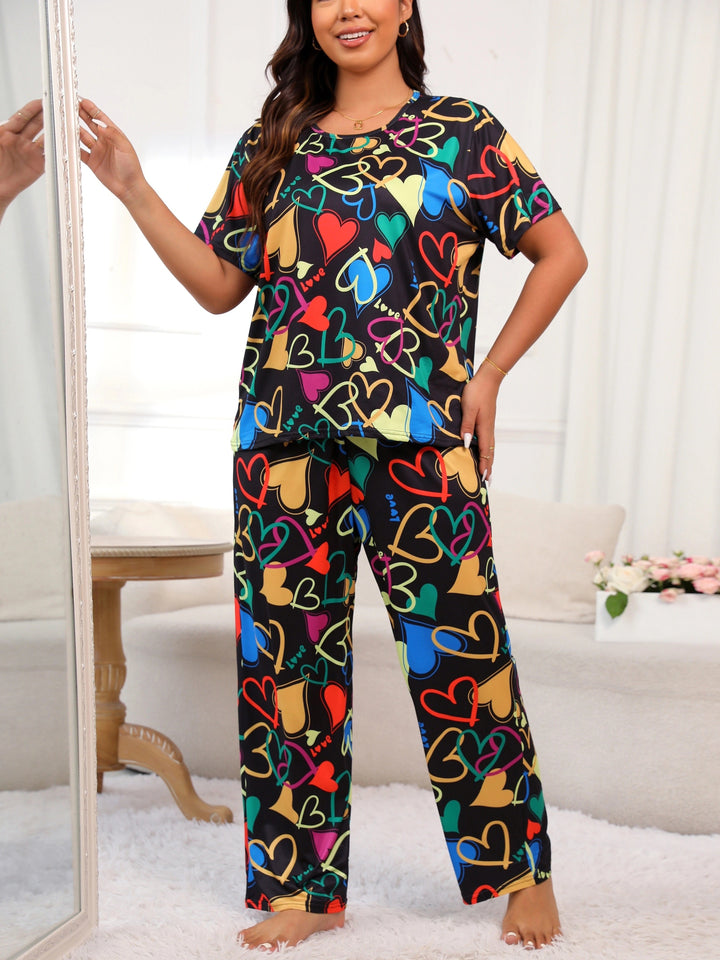 Plus Size Casual Pajamas Set, Women's Plus Colorful Heart Print Short Sleeve Round Neck Tee & Pants Lounge Two Piece Set