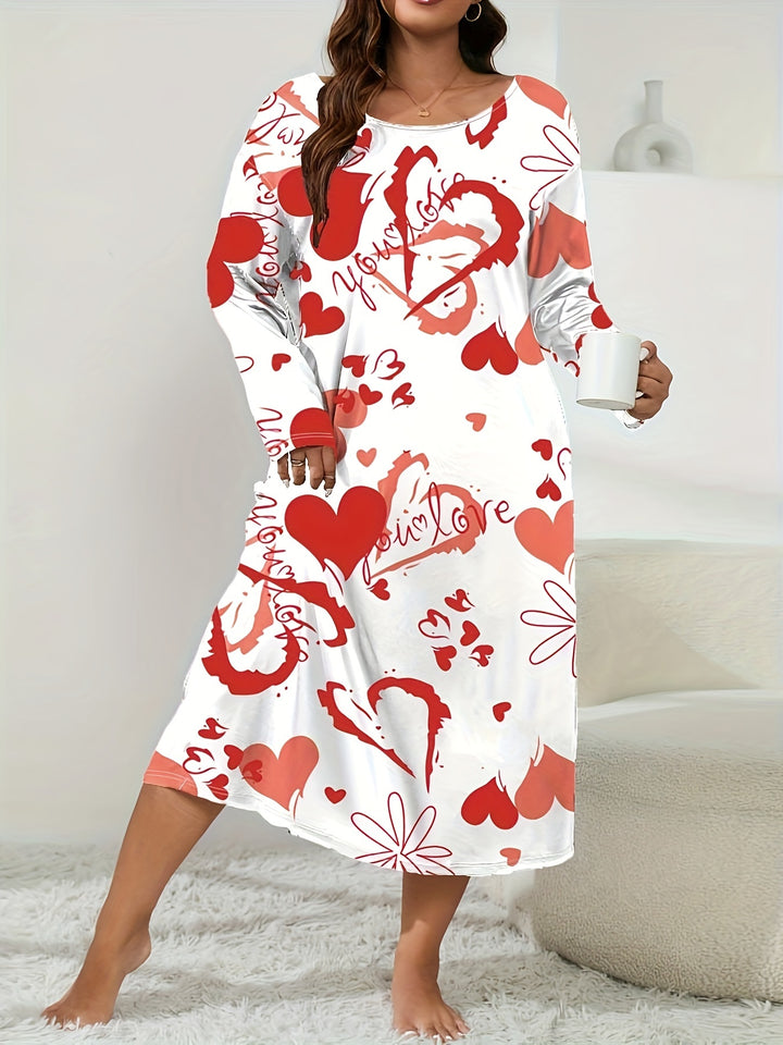 Plus Size Valentine's Day Elegant Loungewear Dress, Women's Plus Floral & Heart Print Long Sleeve Round Neck Sleep Dress